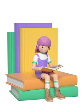 3D卡通坐在书上读书的学生