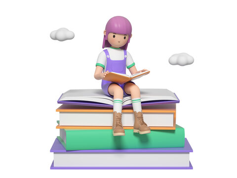 3D卡通坐在书上读书的学生