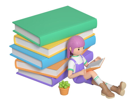 3D坐在地上讀書的卡通學(xué)生