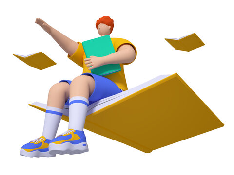 3D渲染飛翔的卡通讀書男孩