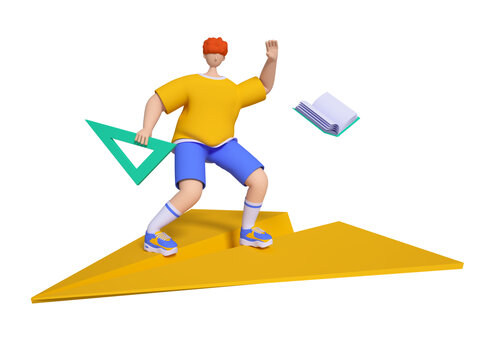 3D站在紙飛機(jī)上的讀書(shū)男孩