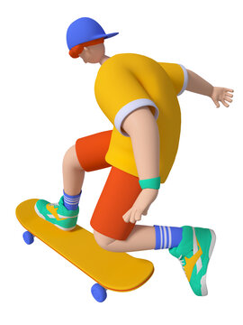 3D渲染玩滑板的卡通男孩