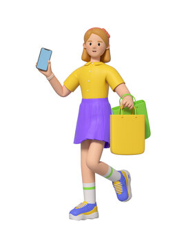 3D渲染拿手機(jī)的購物女孩