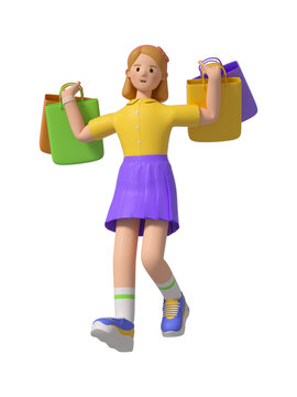 3D渲染拿购物袋的女孩