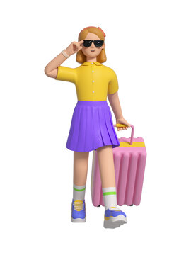 3D渲染拖拉桿箱的購物女孩