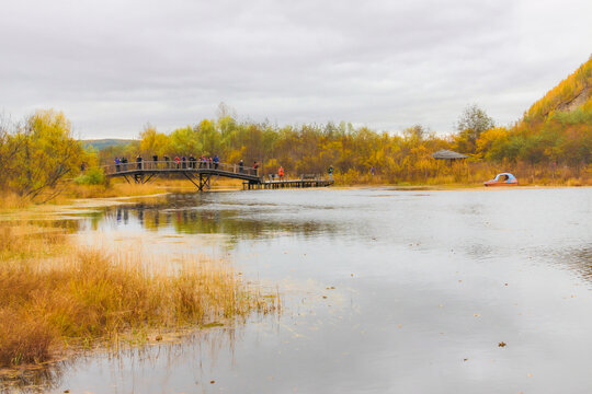 秋季河流小木桥