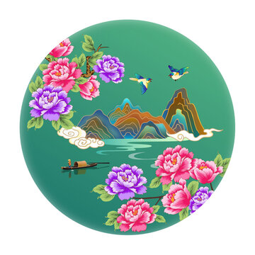 圓形山水花鳥插畫