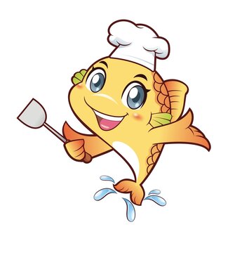 卡通可愛小魚廚師拿鍋鏟