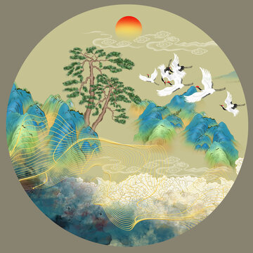國潮迎客松祥云山水
