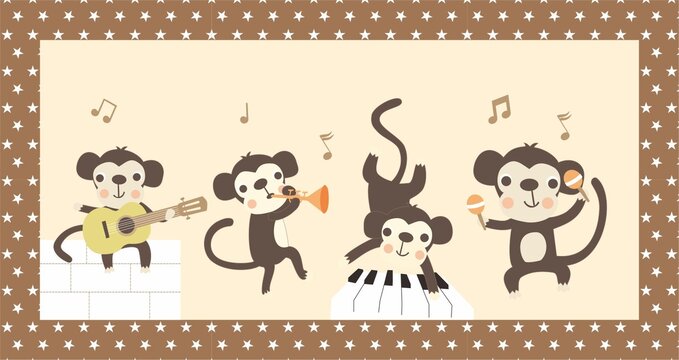 卡通猴子樂器演奏吉他彈琴