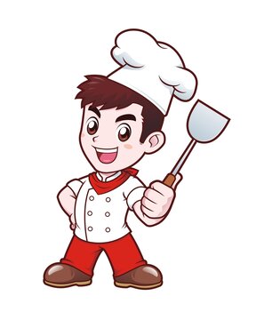 卡通年轻男性厨师拿锅铲