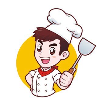 卡通年輕男性廚師拿鍋鏟半身