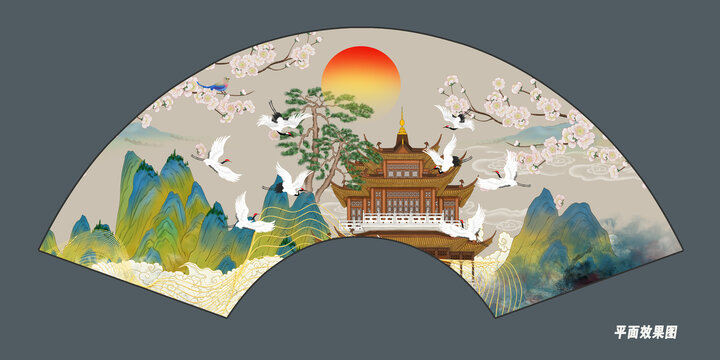 折扇閣樓國(guó)潮山水