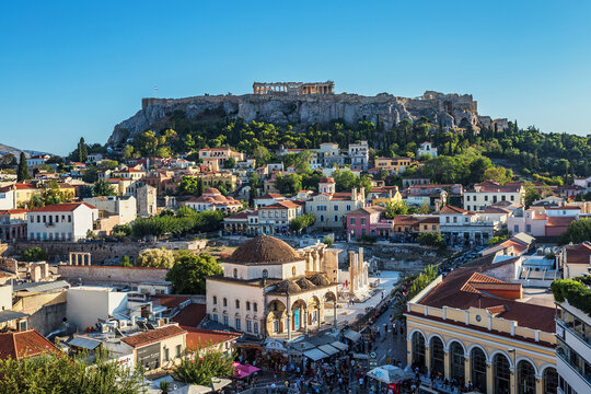 希腊雅典普拉卡广场全景