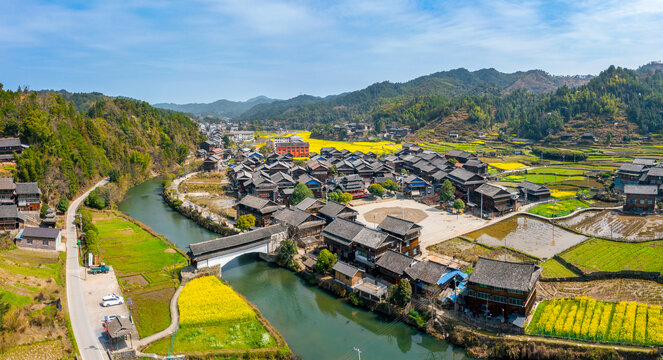 航拍湖南通道平坦侗寨美丽乡村