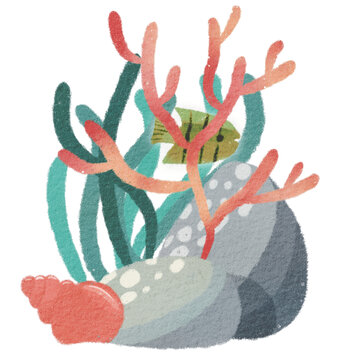 水彩风格热带鱼海螺珊瑚海草