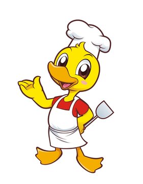 卡通可爱小鸭子厨师做邀请动作