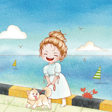 水彩夏日海边牵着小狗的女孩