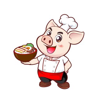 卡通可爱小猪厨师端碗饭菜