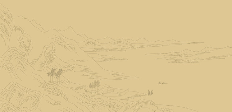 白描山水線描稿