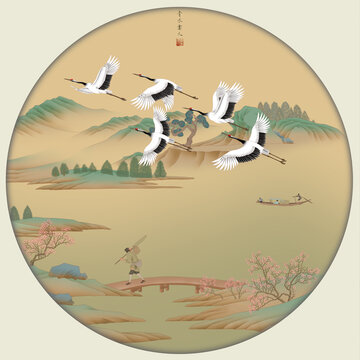 青綠山水仙鶴鏡心