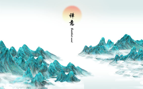 禪意山云霧山背景墻