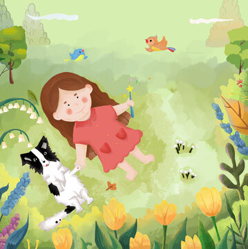 小女孩和狗在草坪