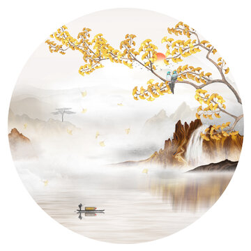 手繪銀杏葉山水圖