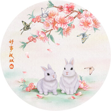 桃花兔子新中式装饰画