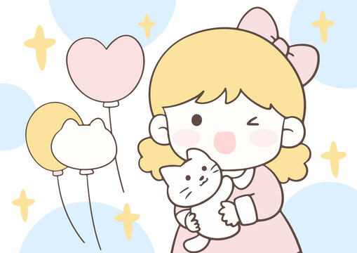 卡通女孩和貓咪