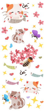 卡通猫和小花咕卡贴纸
