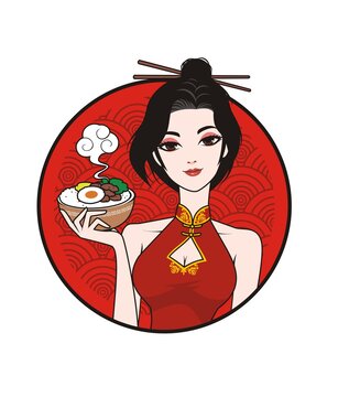 卡通旗袍美女端碗饭菜国潮风