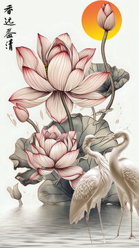 荷花手繪玄關(guān)背景墻