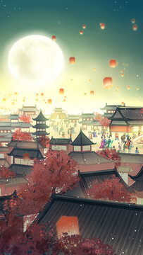 元旦春節(jié)中秋古風(fēng)場(chǎng)景插畫(huà)