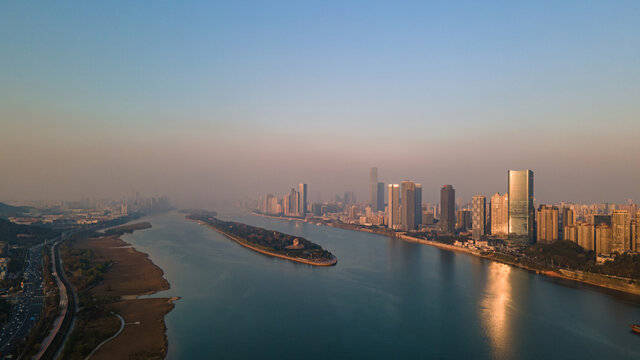 航拍长沙湘江城市全景