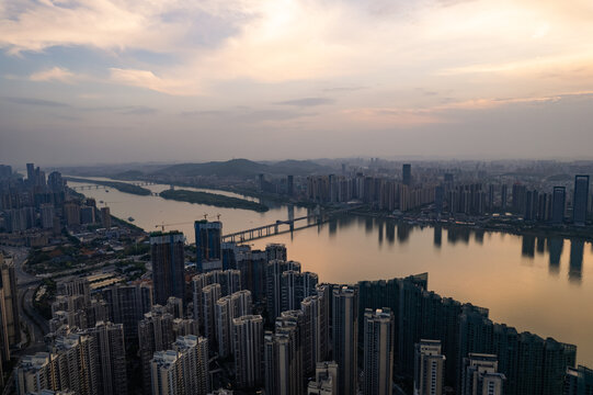 航拍长沙城市夕阳风光全景