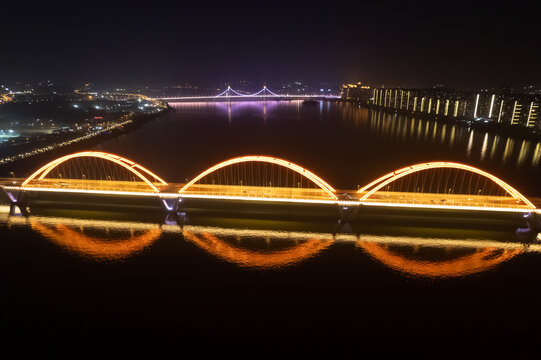 长沙湘江福元路大桥夜景航拍
