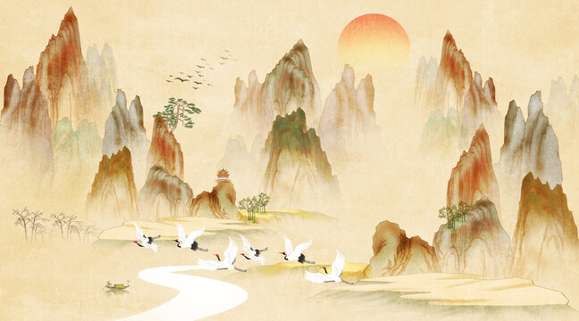 金色古典山水畫