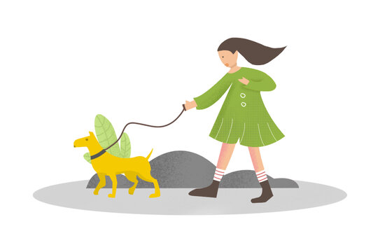 女孩遛狗扁平插畫
