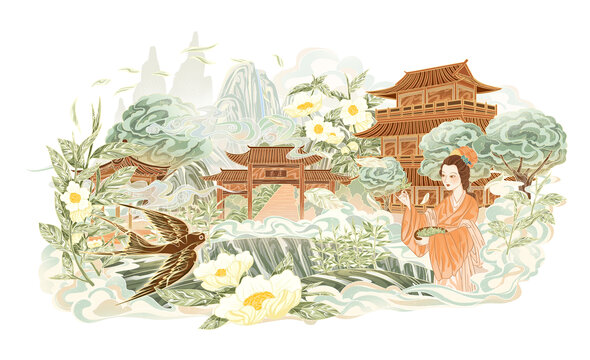 茶叶山茶花国潮板绘插画包装