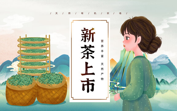 新茶上市女孩插画