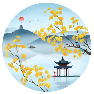 銀杏山水花鳥