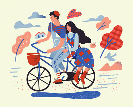 情侣日常互动插画 甜蜜骑自行车出游的情侣