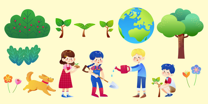植樹節(jié)可愛人物進行園藝活動與植物素材組合