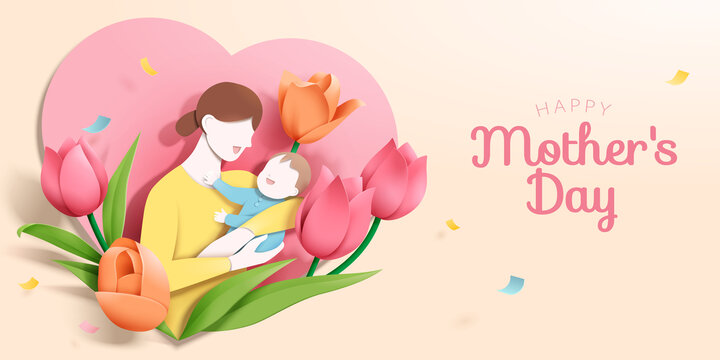 母亲节剪纸风格海报 郁金香花丛中抱着宝宝的妈妈