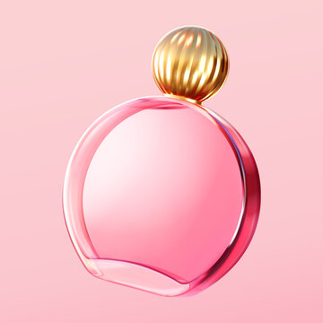 粉红香水玻璃瓶与金色圆球瓶盖素材