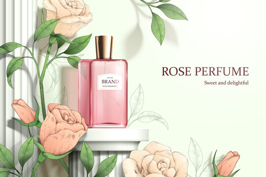 版画风玫瑰花与粉红玻璃瓶玫瑰香水广告