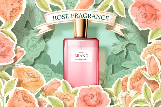 玫瑰香水广告 粉红玻璃瓶与蚀刻风花卉装饰