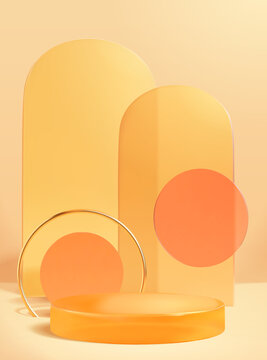 橘色拱门造型亚克力装饰品与展示台背景模板