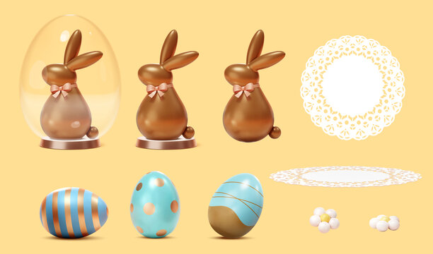 复活节可爱兔子模型与彩蛋装饰品素材组合